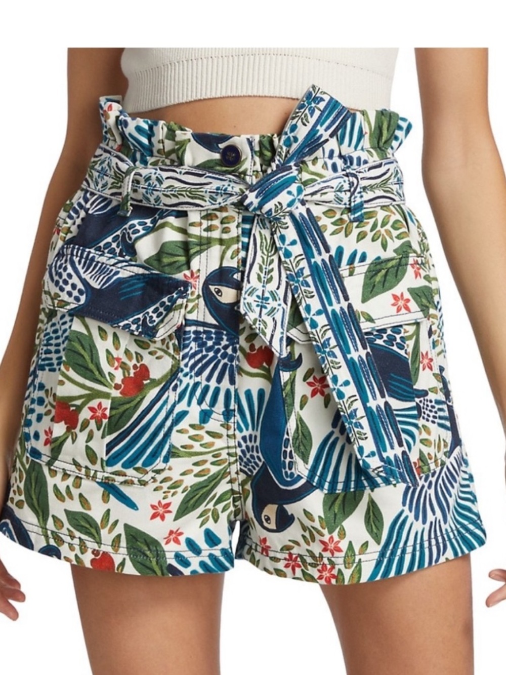 FARM Rio Macaw Flight Blue Green Paperbag Waist Shorts Sz Small. Missing belt - Picture 1 of 11